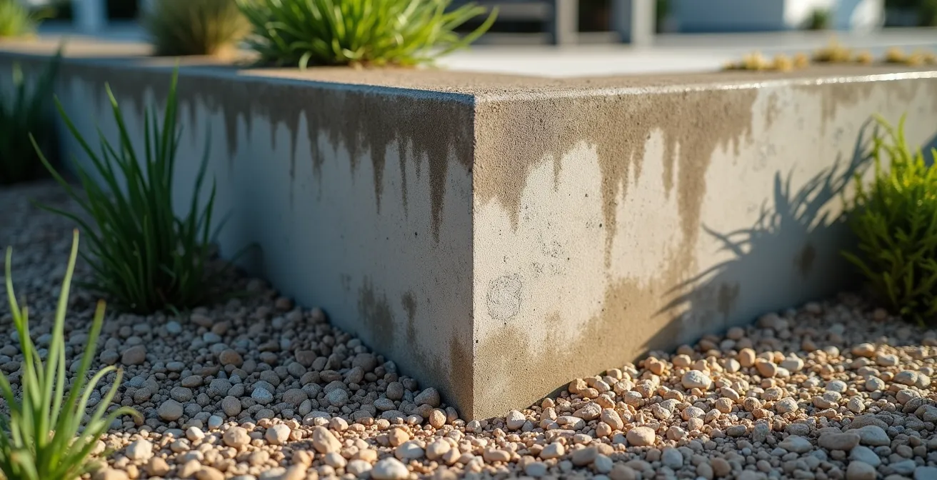 Vue large d'un coin de maison montrant l'angle d'un mur de fondation dans son environnement naturel
