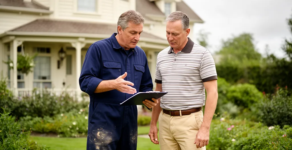 Technicien et propriétaire discutant devant une maison, regardant ensemble un rapport d'intervention