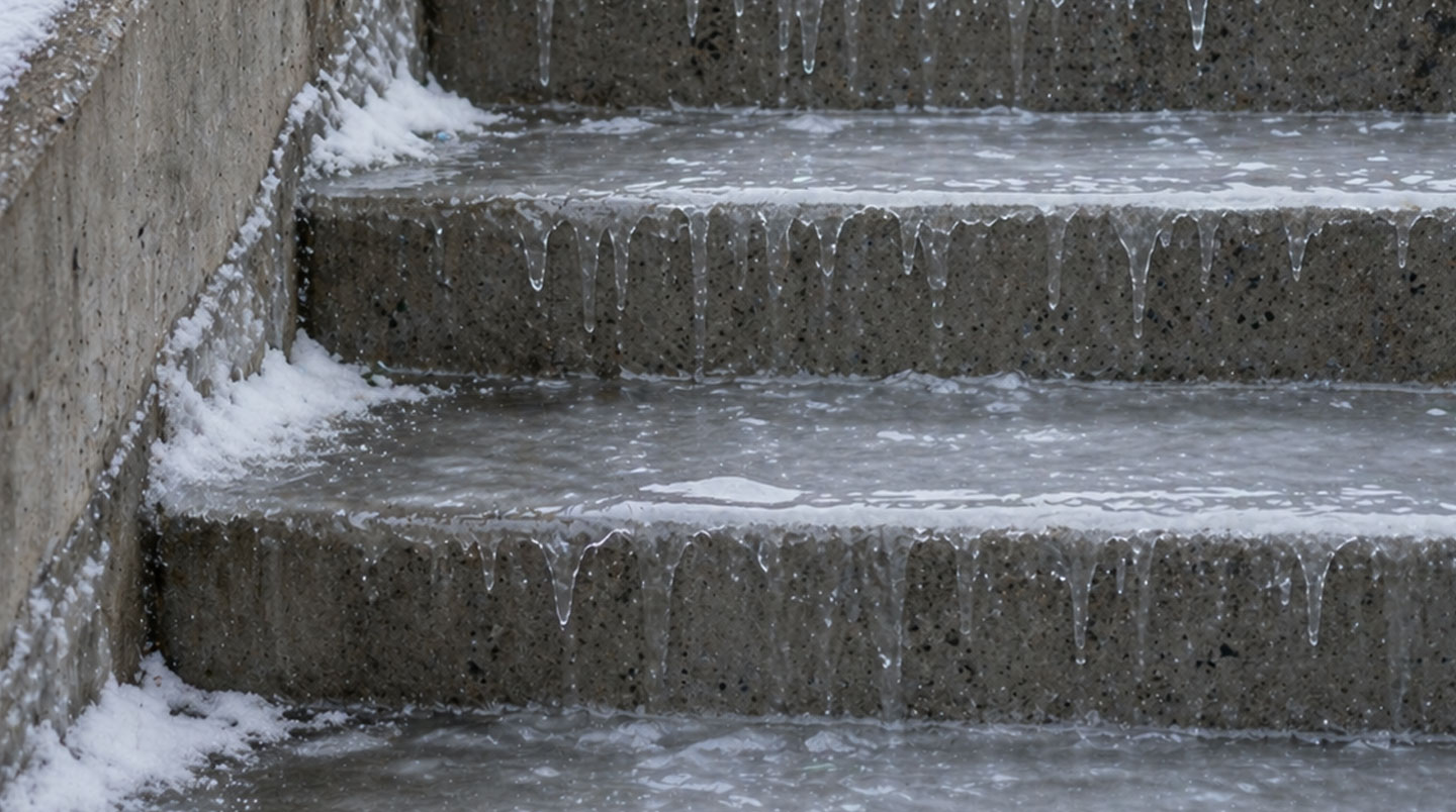 Gros plan extrême sur une fissure de béton avec de minuscules cristaux de glace visibles à l'intérieur, texture rugueuse et poreuse du matériau en détail