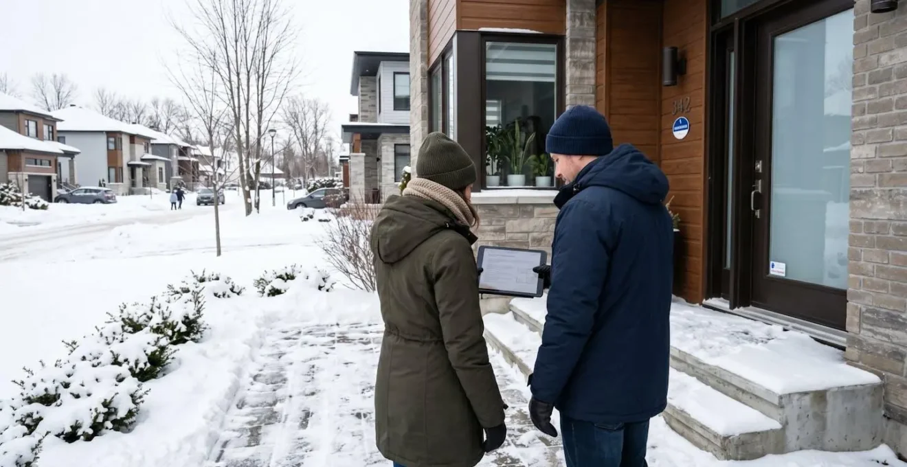 Un couple vu de dos devant leur porte d'entrée en hiver consulte une tablette pour choisir leur nouvelle porte