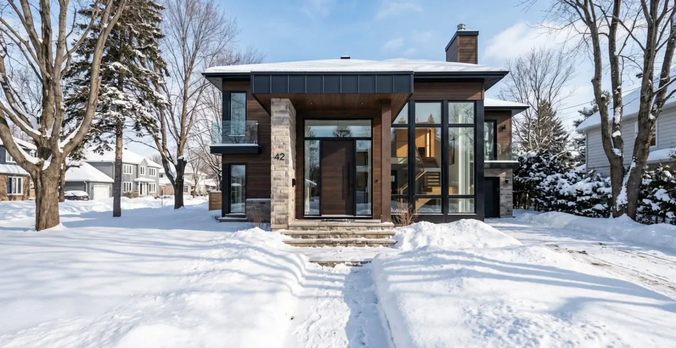 Vue grand angle d'une entrée de maison québécoise typique en hiver avec une porte d'entrée moderne bien intégrée et de la neige au sol