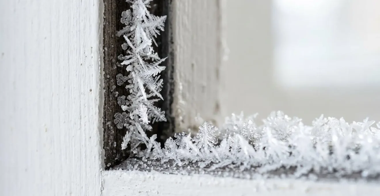 Gros plan sur des cristaux de givre accumulés sur le cadre intérieur d'une vieille porte révélant un problème d'étanchéité