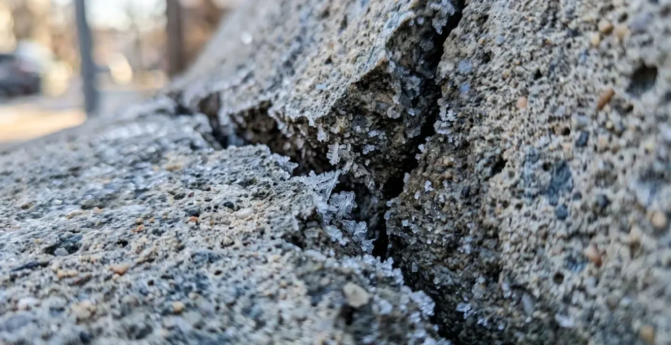 Gros plan extrême sur une fissure de béton avec de minuscules cristaux de glace visibles à l'intérieur, texture rugueuse et poreuse du matériau en détail