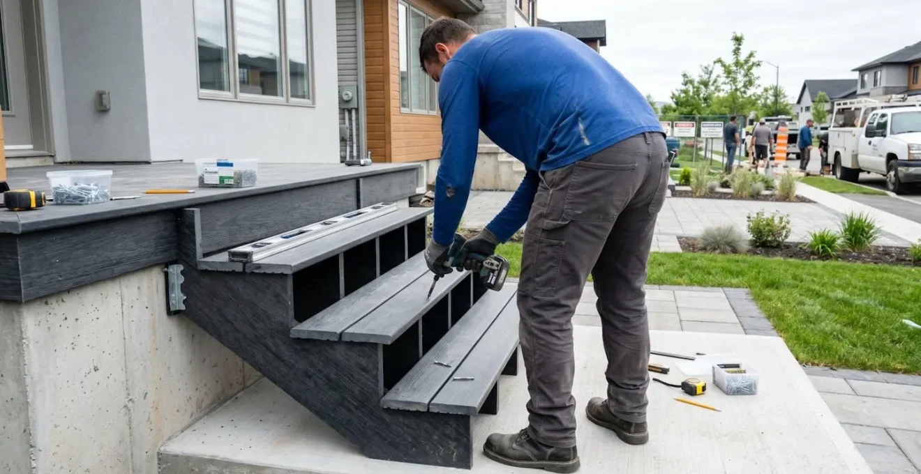 Professionnel en vêtements de travail, vu de dos, installant des marches en fibre de verre sur un chantier résidentiel propre et organisé, lumière naturelle