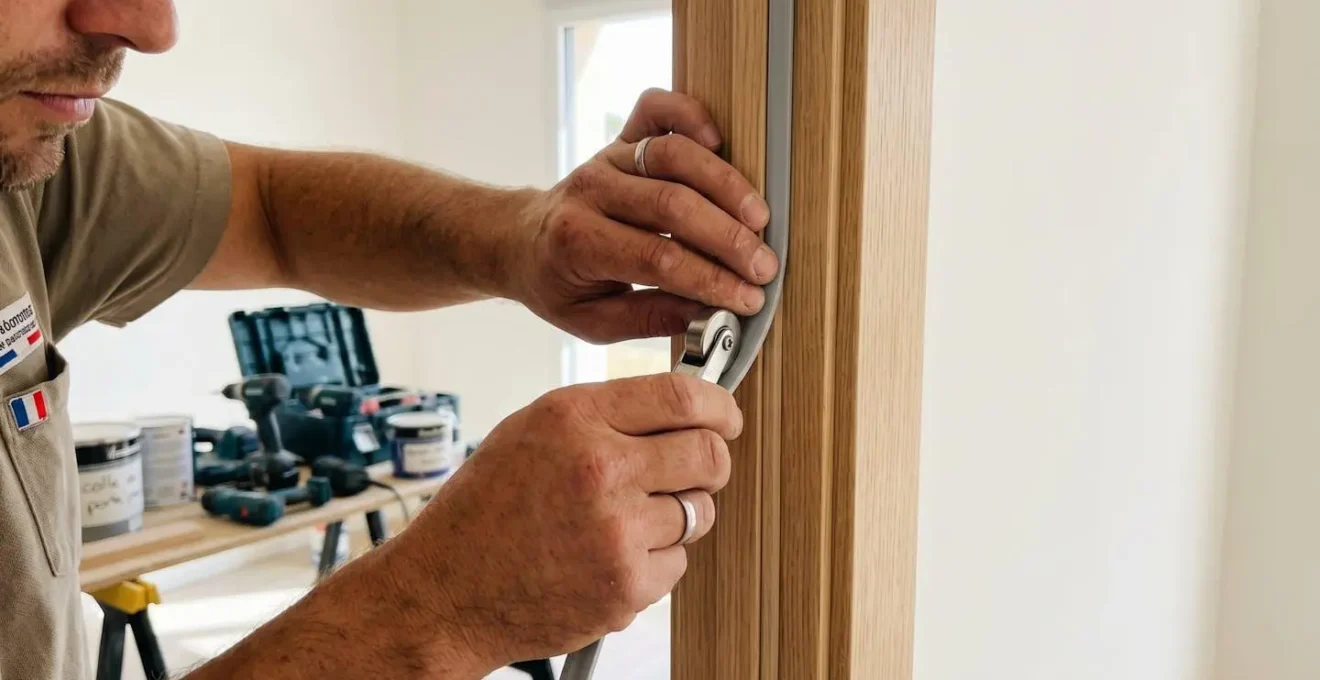 Gros plan sur la main d'un installateur professionnel ajustant un coupe-froid de qualité sur le cadre d'une porte neuve