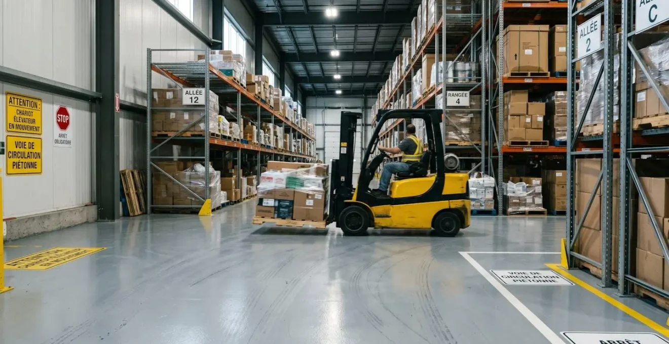 Chariot élévateur industriel jaune transportant une palette dans une allée d'entrepôt moderne, plancher lisse réfléchissant en premier plan, racks de stockage métalliques en arrière-plan