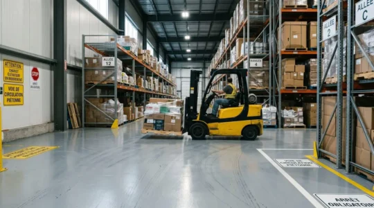 Chariot élévateur industriel jaune transportant une palette dans une allée d'entrepôt moderne, plancher lisse réfléchissant en premier plan, racks de stockage métalliques en arrière-plan