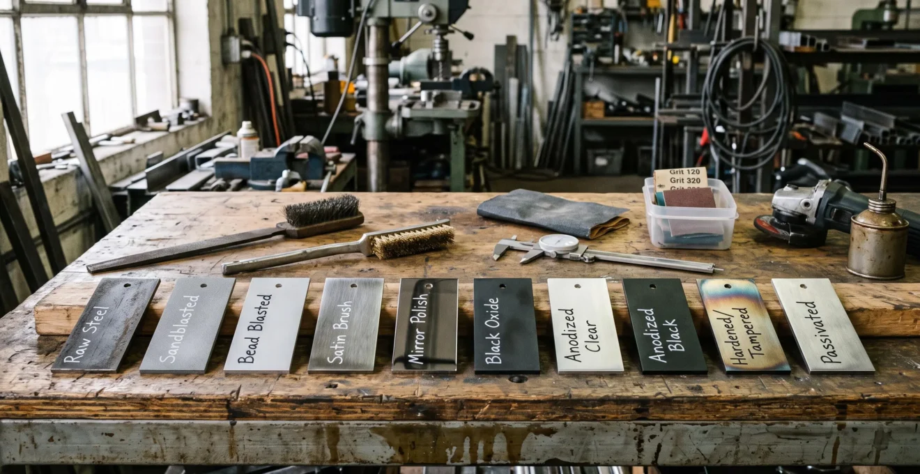 Échantillons de métal traités par différents procédés alignés sur un établi d'atelier avec outils spécialisés