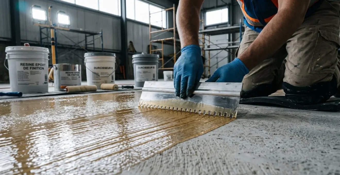 Mains gantées d'un installateur professionnel appliquant de la résine époxy translucide sur béton préparé à l'aide d'une raclette métallique crantée, genouillères de protection visibles