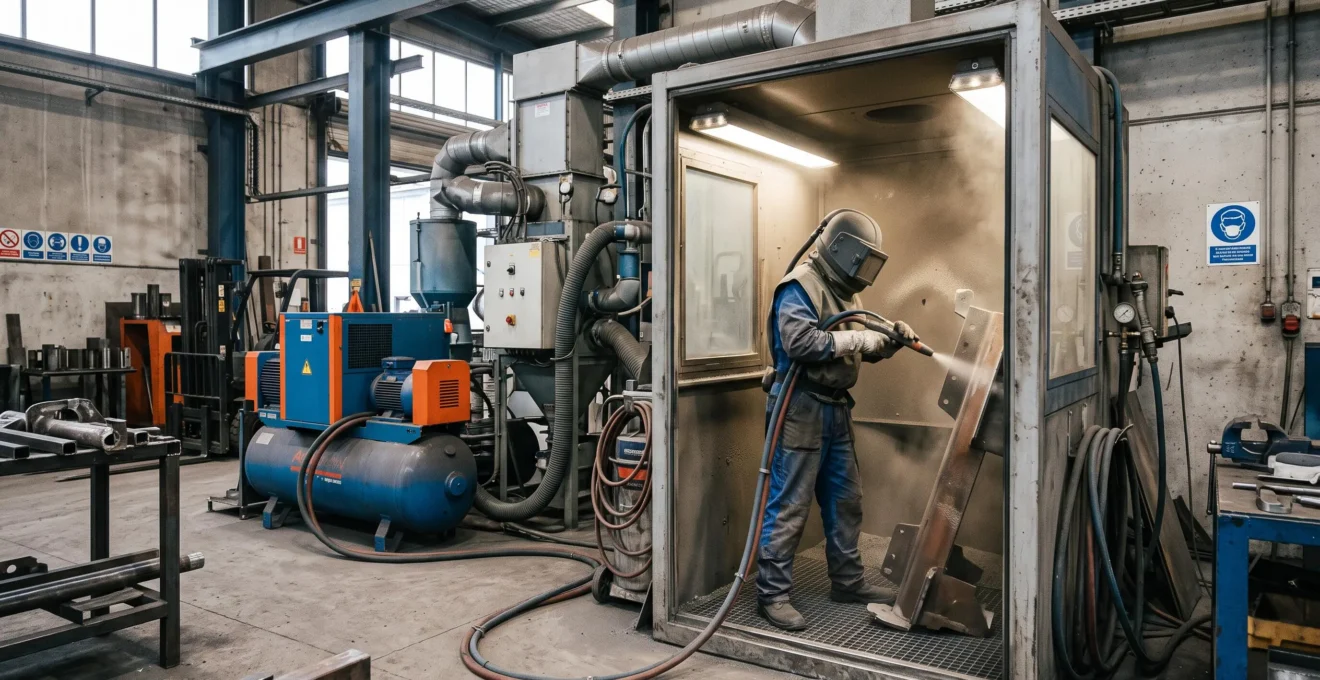Opérateur professionnel en combinaison de protection travaillant dans une cabine de sablage industrielle moderne avec équipements de filtration