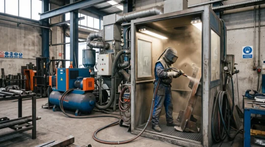 Opérateur professionnel en combinaison de protection travaillant dans une cabine de sablage industrielle moderne avec équipements de filtration
