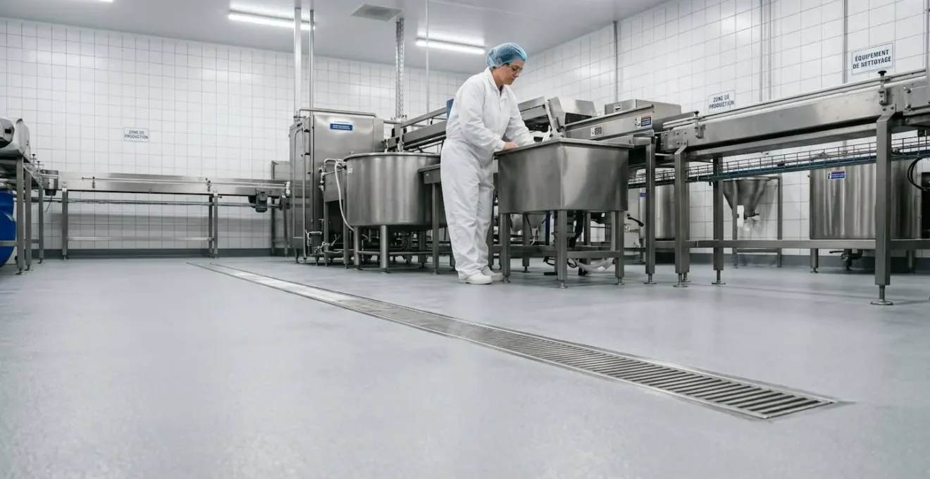 Plancher polymère lisse gris clair avec drainage intégré dans une zone de transformation agroalimentaire, équipements en acier inoxydable et employé en vêtements de protection en arrière-plan