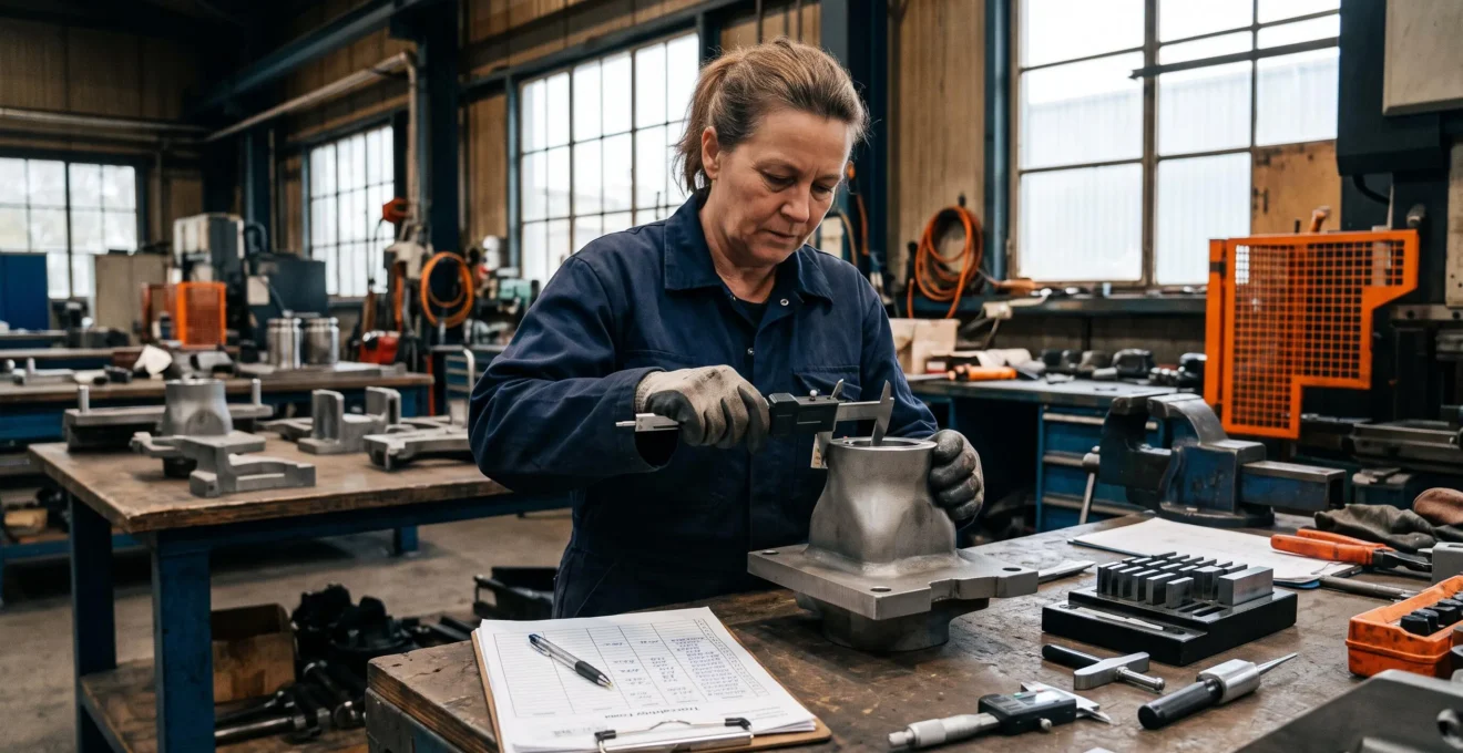 Technicien effectuant un contrôle qualité sur une pièce métallique traitée avec instruments de mesure professionnels