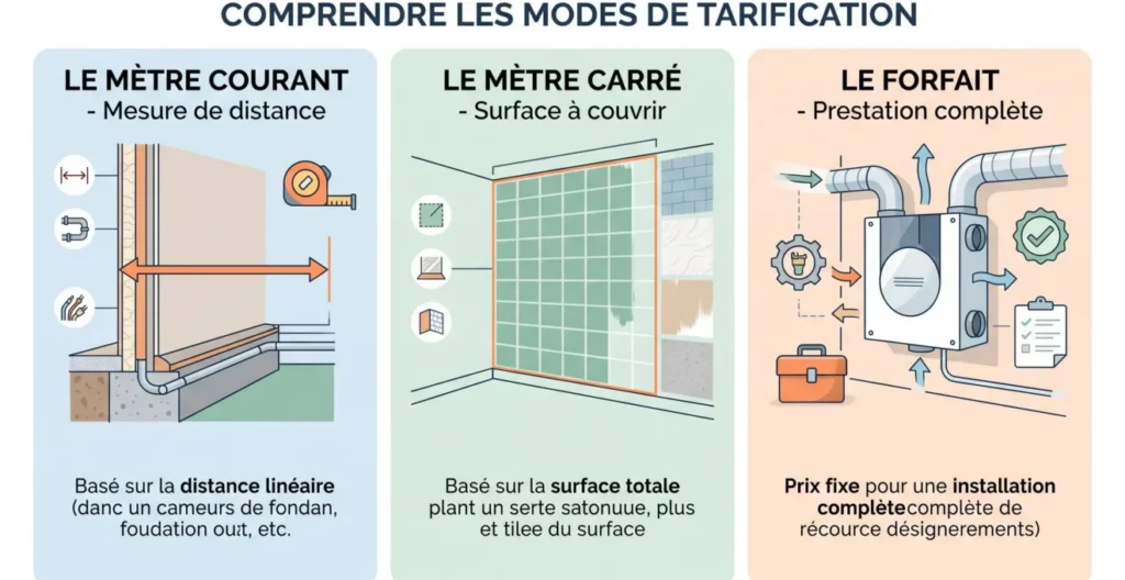Comparaison visuelle entre traitement au mètre courant, traitement au mètre carré et installation forfaitaire