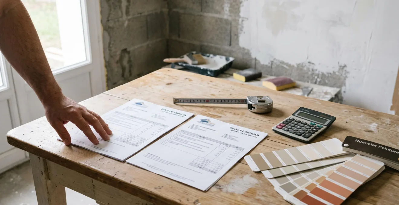 Devis de travaux et documents de financement disposés sur une table avec calculatrice