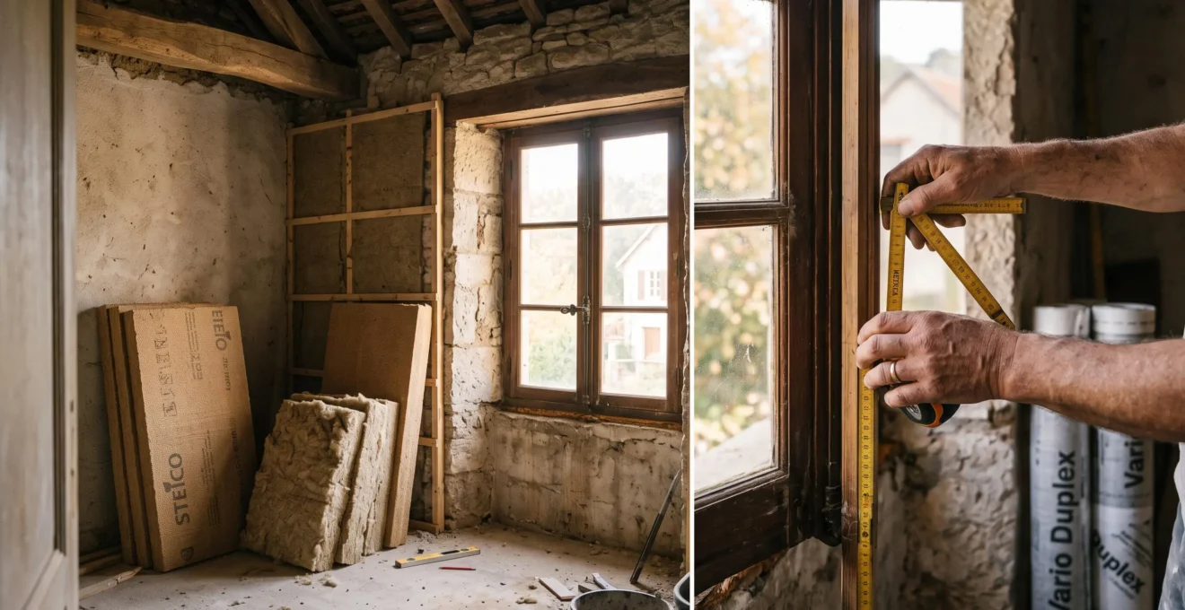 Fenêtre ancienne et échantillons de matériaux devant un chantier de rénovation énergétique