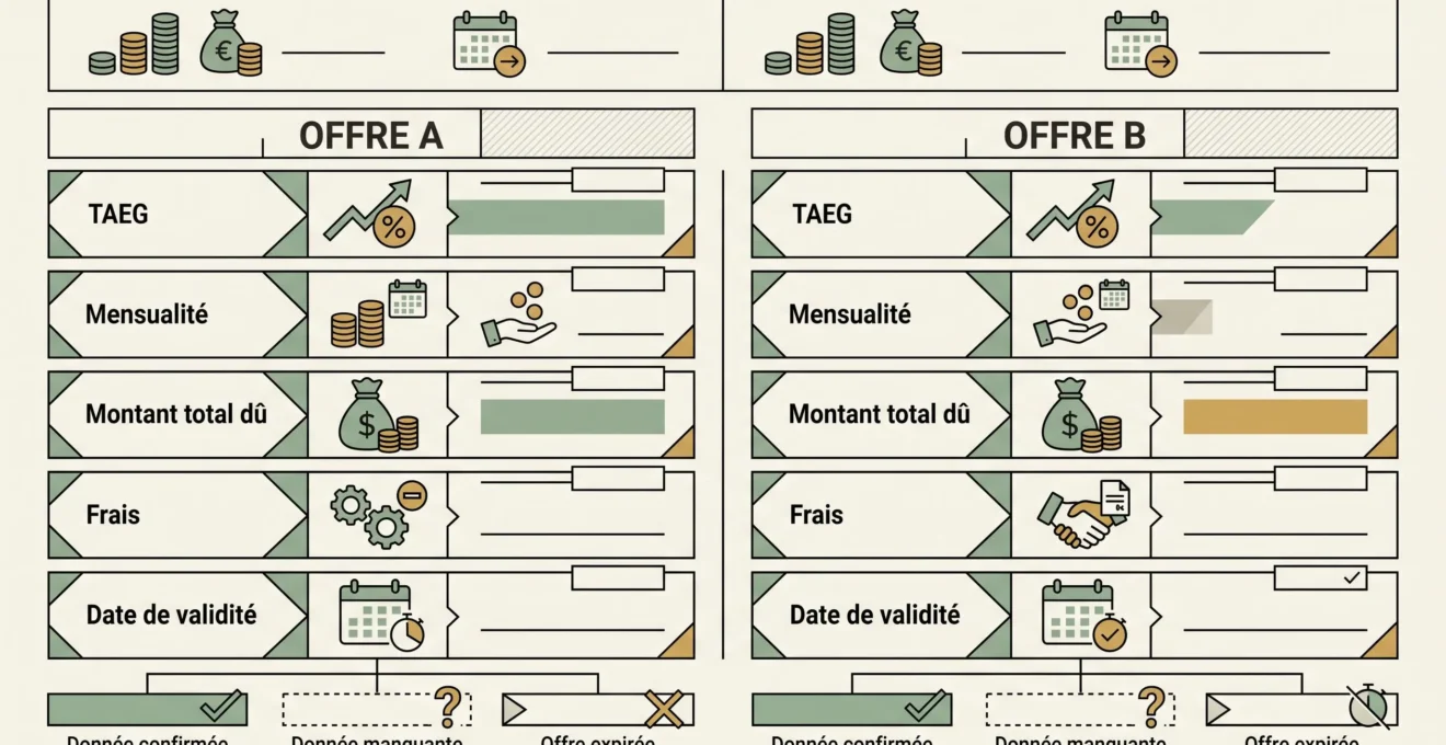 Schéma de comparaison de deux propositions selon montant, durée, TAEG, coût et date